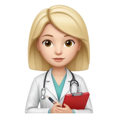 3D memoji female doctor holding clipboard and pen, slightly strict but kind facial expression, educational vibe, white medical coat, isolated PNG sticker