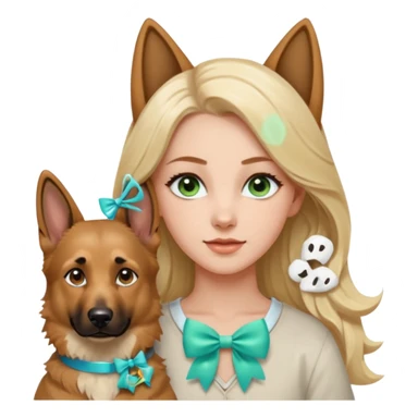 A white Long Wave blonde Hair Woman with blue-green eyes with a Brown eyed White Shepard with a little bit beige in then end of the ears and a lneom Link bow in neck in a lovely pose sticker