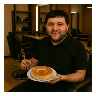 Replace the man's face in the original photo with the face from the second image. Keep the setting, lighting, body, and the bread plate exactly the same. Make sure the new face blends naturally with the skin tone and lighting of the original photo. The man should still be sitting in a barbershop chair, holding a plate with Uzbek bread and a fork, wearing black clothes sticker