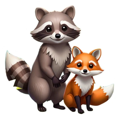 Collage of a raccoon and a fox, in close-up, surrounded by a colorful forest with rich green trees, thick bushes, and vibrant foliage. Sunlight peeks through the branches, casting warm light on the animals. A lively, natural setting with a transparent background. sticker