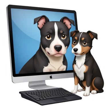 Black and white pitbull and black collie behind computer sticker