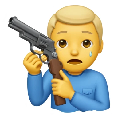 Make a yellow emoji of a guy holding a gun and the guns barrel is in his mouth while crying blue water sticker