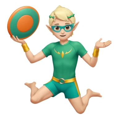elf male legolas launching a frisbee woven from pure sunlight, wearing sporty teal swim shorts and performance sunglasses, pointy ears, centered emoji sticker