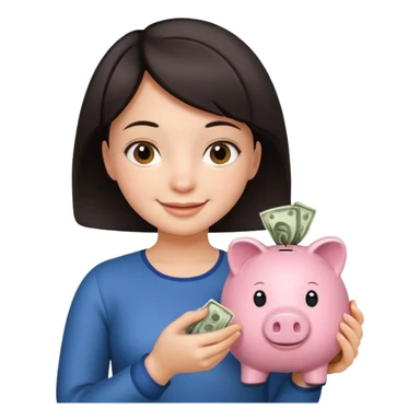 Девушка с тёмными короткими волосами с копилкой в руках складывает в неё деньги  sticker