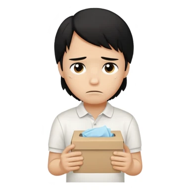 generate a pretty bratz boy with long black hair, wearing a white polo shirt. Looking sad, holding a box of tissues sticker