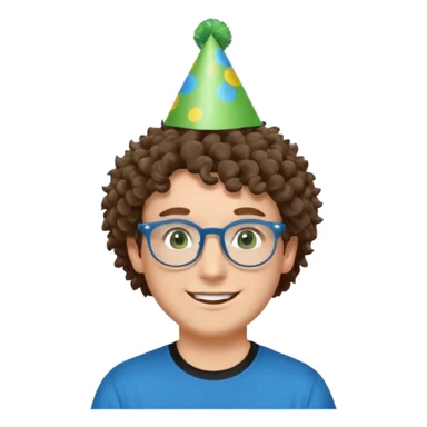 A white guy with curly brown hair and green eyes with a happy face, and wear square glasses.He’s also got a full silver birthday party hat on his head with blue pom poms on top of it, and his T-shirt is all black, he wears a little gold circle earrings on his left  sticker