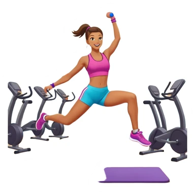 An energetic person performing an aerobics workout in a brightly lit gym, jumping and stretching with enthusiasm. The scene includes vibrant fitness equipment like dumbbells and exercise mats, with a background of cheerful, motivating colors, conveying energy and movement. sticker