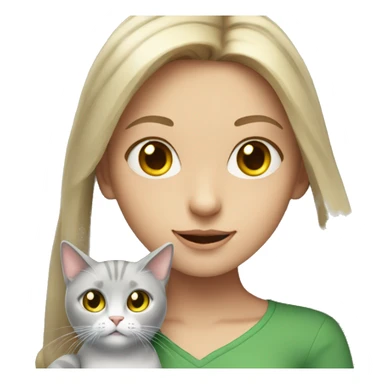 A girl with long blond hair and green eyes holds a gray cat with yellow eyes in her arms sticker