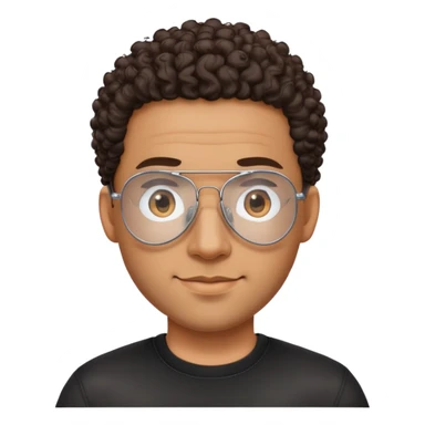 Latino man with oval face, clear lens aviator glasses with metal frames, bald sides with curly hair on top, friendly expression, brown skin, black shirt sticker