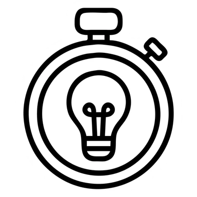minimalist vector icon of a classic stopwatch with circular thick rim, crown at 12 o'clock, start/stop button on side, with a classic incandescent lightbulb inside the face, bulb slightly stylized to fit the round shape, clean modern vector art, single dark gray color, no gradients or shadows, bold clear outlines, lightbulb is the focal point sticker