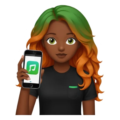 Girl with dark long orange wavy hair, green eyes, and black t-shirt and phone with tiktok app on hands sticker