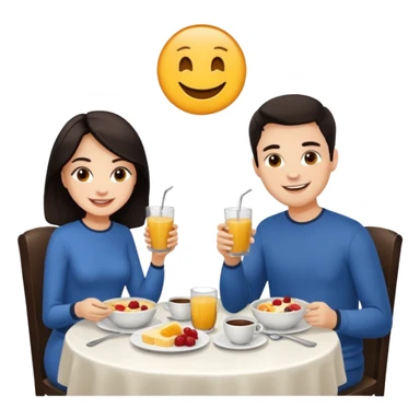 pon una pareja desayunando sedayuno de hotel pareja de pelo moreno sticker