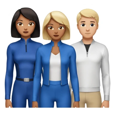 3 Friends standing side by side, charlie's angels style: 1 black woman with a short flat pressed bob, 1 hispanic man with a thin nose and long hair, and 1 white guy with blue eyes and a short brown-blonde haircut sticker