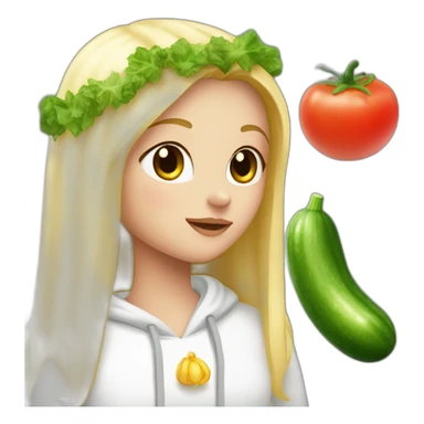 blonde girl  eating  cucumber and tomatoes with white hoodie iridescent and a crown princess sticker
