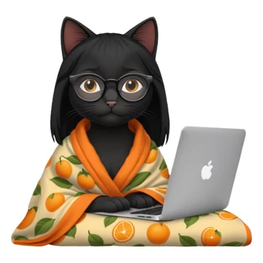 A black female cat working on a MacBook, with long, black straight hair, with round frames and thin glasses, and she wears a blanket with an orange fruit pattern sticker