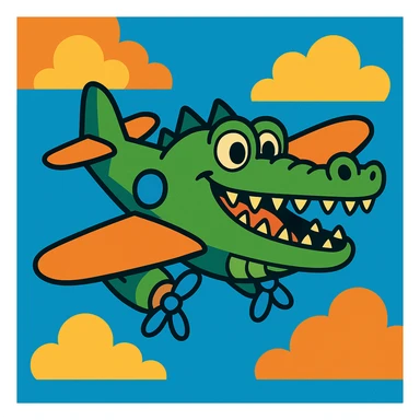 a crocodile shaped like a bomber plane, playful, creative cartoon sticker