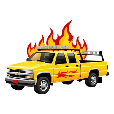 1997 yellow Chevy C-2500 Crew Cab with red flame design only painted on the front bumper, movie-accurate Kill Bill truck detail, 30-degree view, iOS emoji style sticker