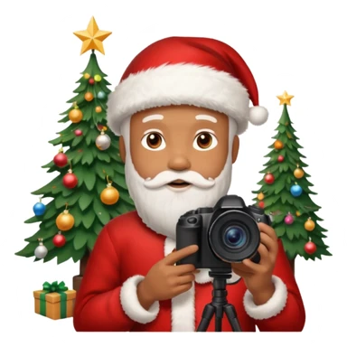Homme photographe noir, week-end détente, équipé d’un appareil photo pro. Dans un décor Noël chaleureux, Père Noël à côté, sapin illuminé, lumières douces.  Ambiance festive, réaliste, couleurs nettes sticker
