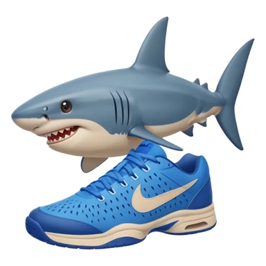 shark smiling on a beach, blue Nike tennis shoes visible sticker