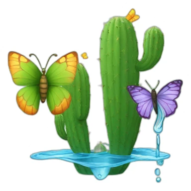 a cactus and a butterfly that love each other being watered by water sticker