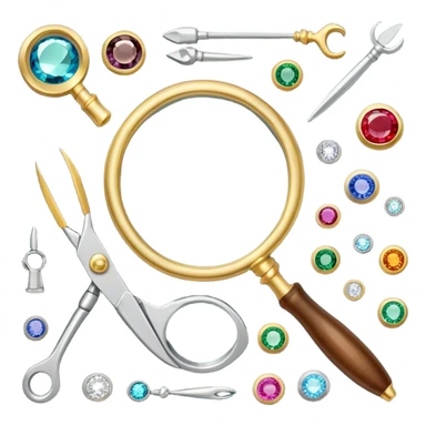 Create an icon that represents the art of jewelry making. The design should include a jeweler's workbench, tools like pliers, a magnifying glass, and various precious materials such as gemstones, gold, and silver. Feature a partially crafted piece of jewelry, like a ring or necklace, showcasing intricate details and craftsmanship. The composition should evoke elegance and precision, reflecting the skill and artistry of jewelry making. The background should be transparent. sticker