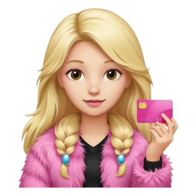 blonde long-haired girl in pink fur, holding a pink credit card sticker