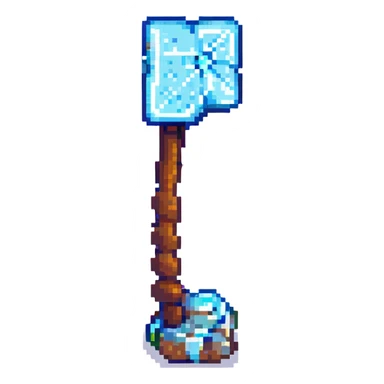 a pixel art pickaxe like in Minecraft game, blue rectangular diamond ore shape, isometric view sticker