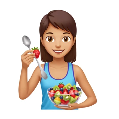 A cheerful person holding a glass bowl of colorful fruit salad with vibrant pieces of strawberries, kiwis, and blueberries visible. The person is wearing a casual, light-colored tank top and has a friendly, bright smile as they prepare to take a bite with a spoon. sticker