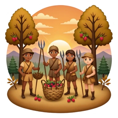 A simple, flat-style illustration of a small group of people with spears and baskets, gathering berries and hunting a deer, surrounded by trees and a sunset—emoji aesthetic, warm earth tones. sticker