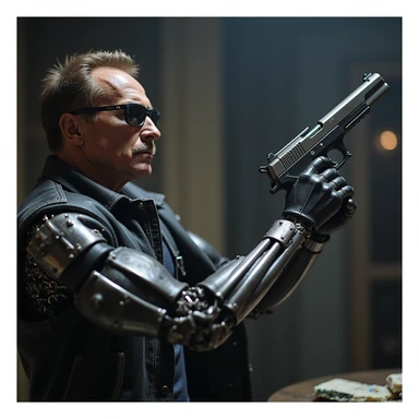 realistic style, Terminator (Arnold Schwarzenegger) aiming a gun upward, metallic endoskeleton details visible, cinematic look sticker