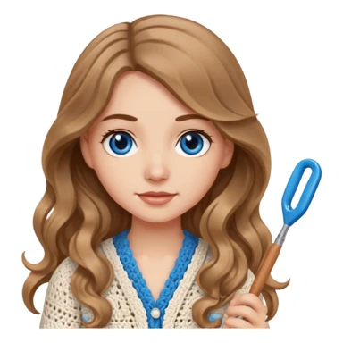 White Girl with light brown wavy long hair and blue eyes with a crochet hook sticker