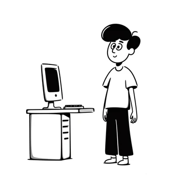 A young guy with a confused expression staring at a vintage desktop computer with bulky CRT monitor and old tower sticker