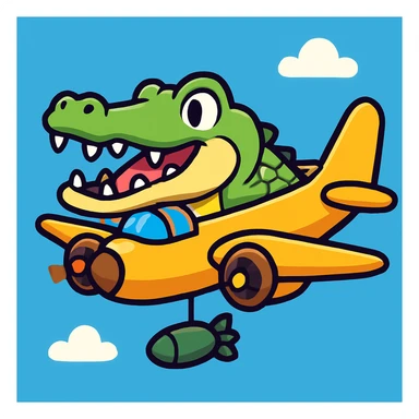 Create an emoji-style version of this image: a crocodile merged with a bomber airplane, flying in the sky, playful and cartoonish sticker