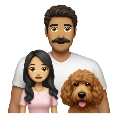 Mexican guy mustache with brown hair and asian girl with long black hair holding red goldendoodle sticker