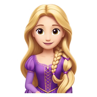 Cinematic Radiant Rapunzel Portrait Emoji, rendered in a flat vector style with clean proportions. Show Rapunzel with a gentle smile, fair, glowing skin, and her iconic long golden hair cascading softly, wearing a simple, elegant purple dress. The image radiates a warm, enchanting glow, high shine, and is accentuated by a soft glowing outline. sticker