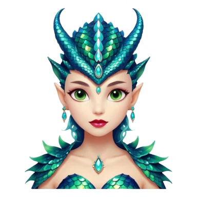 A gorgeous dragon woman with glittering jeweled scales covering her body and face. She has large almond shaped eyes, lush lips, and she wears a stunning luminescent gown. sticker