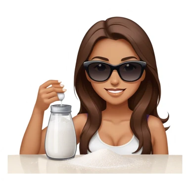 sassy woman with long brown hair, tan skin, and dark sunglasses holding a salt shaker filled with white table salt. She is sprinkling the salt out from the shaker with a smirking expression sticker
