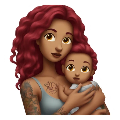 Beautiful tattooed burgundy long haired woman holding a baby sticker
