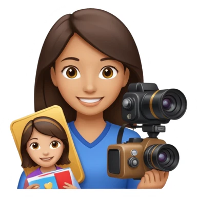 A brunette girl smiling, she’s a proud and successful filmmaker 🍿🌍✨ she’s next to a camera, / holding awards  sticker