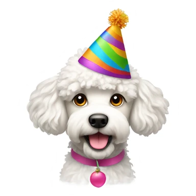 Shaggy white poodle wearing happy birthday hat sticker