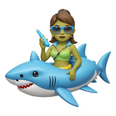 orc female sitting in an inflatable floatie shaped like a shark, wearing oversized sunglasses and a whistle on a neck cord, 2d sticker