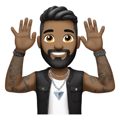 Younger white male that has grey blue eyes, dark brown hair with grey on the sides, a beard, and tattoos. He is wearing a diamond coated white gold necklace and a black punk band t-shirt while waving hello sticker