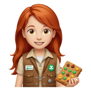 happy white girl scout with red long hair selling cookies with a brown Girl Scout vest and white shirt under vest. She should be around 10 years old sticker
