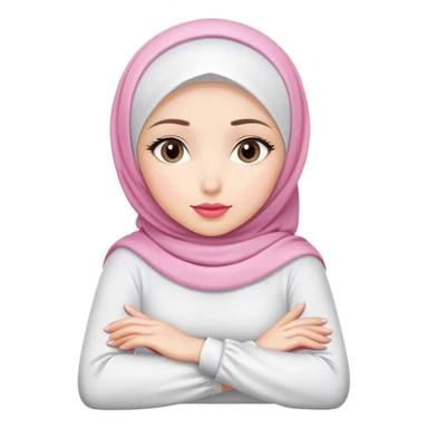 white hijab women are listening with her hands folded on the table. her lips is pink. sticker