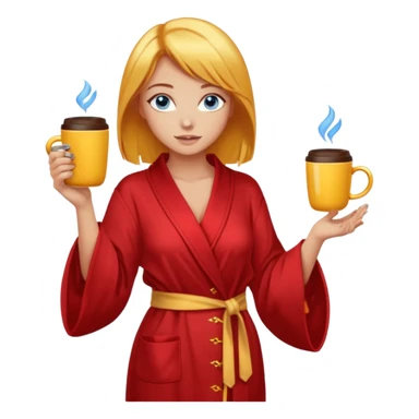 lightly tanned skin, blue eyes, cute and sexy girl with bright yellow-brown hair in a few shades of red robe, golden rings, slight cute makeup, full body, slightly turned aside pose, holding a coffee mug sticker
