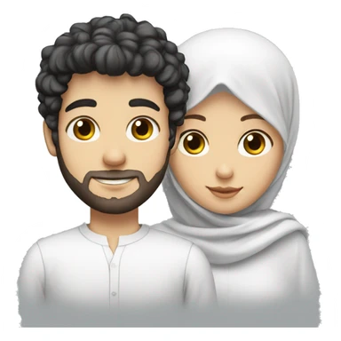 young white European guy with a white shirt and curly black hairs with girl wear hijab sticker