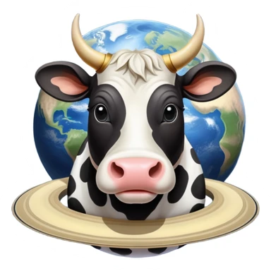 A black and white spotted cow head on top of the planet Saturn with its rings, and enormous human feet wearing shoes supporting the whole structure sticker