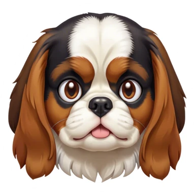 Cinematic Grumpy Tri-Colour Cavalier King Charles Spaniel Portrait Emoji, Head tilted slightly with a deeply unimpressed expression, thick tri-colour fur with pronounced black, white, and tan markings, large, droopy brown eyes narrowed into an unamused glare, ears slightly drooping in exasperation, Simplified yet comically expressive features, highly detailed, glowing with a dry, sarcastic glow, high shine, effortlessly judgmental yet dignified, stylized with a touch of cynicism, bright but brooding, soft glowing outline, capturing the essence of an eternally unimpressed yet endearing companion, so lifelike it feels like it could sigh heavily at you in disdain at any moment! sticker