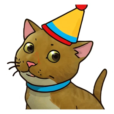 ginger tabby kitten celebrating birthday, wearing a birthday hat, with birthday cake, balloons, happy expression, and gifts sticker