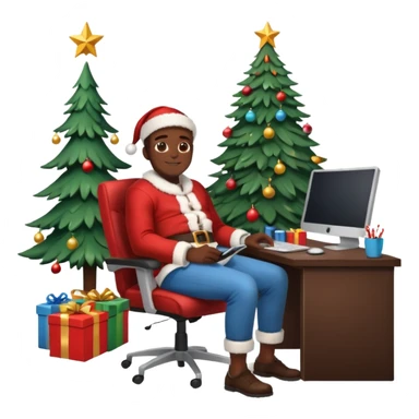 Informaticien homme noir full-body, week-end détente, assis à son bureau moderne avec ordinateur affichant du code.. À côté de lui, le Père Noël souriant, sapin illuminé et cadeaux autour. sticker